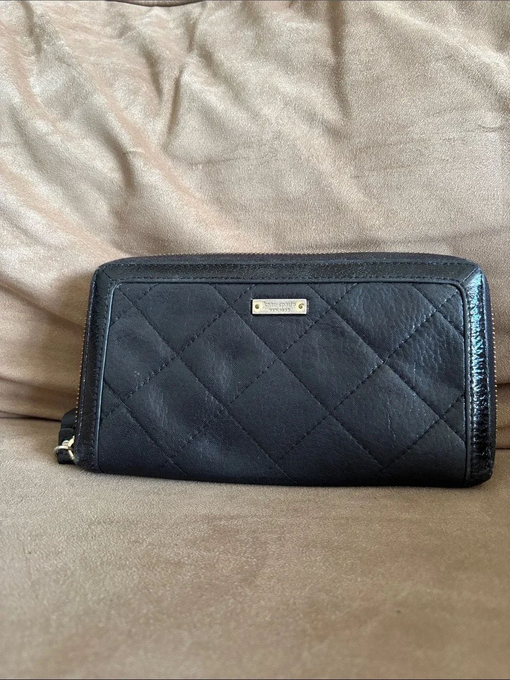 kate spade Black Quilted Zip-Around Wallet with Gold Plate